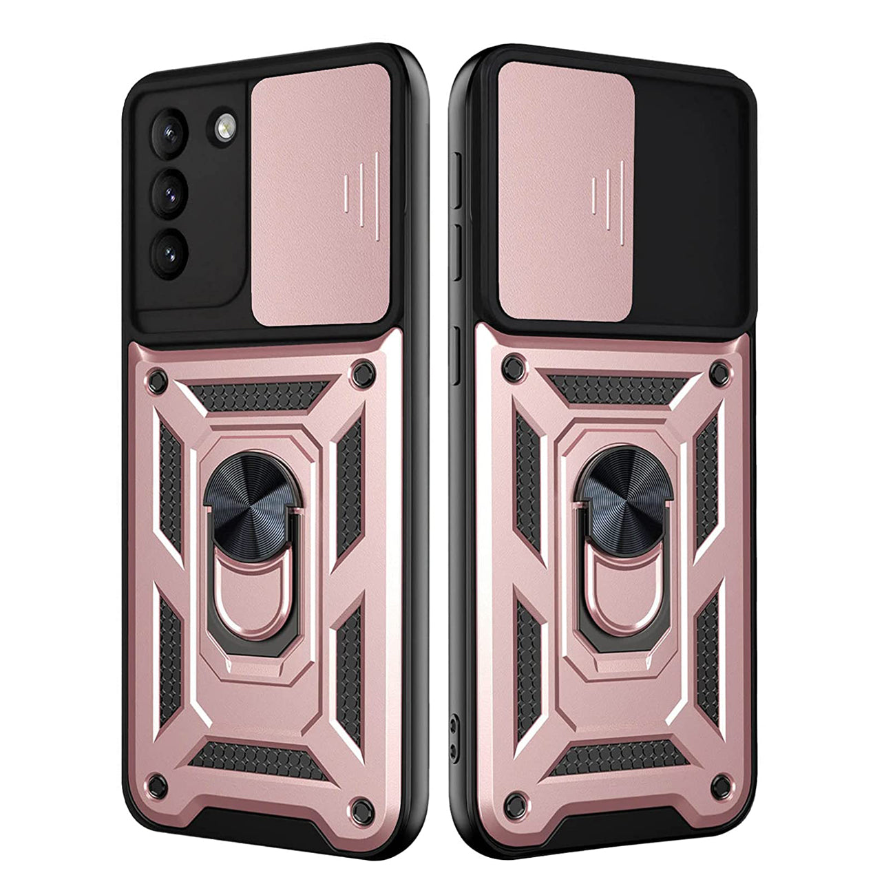 Kickstand Ring Holder with Slide Camera Cover TPU Shockproof Case and Magnetic Car Mount for SAMSUNG GALAXY S21/S30 In Rose Gold